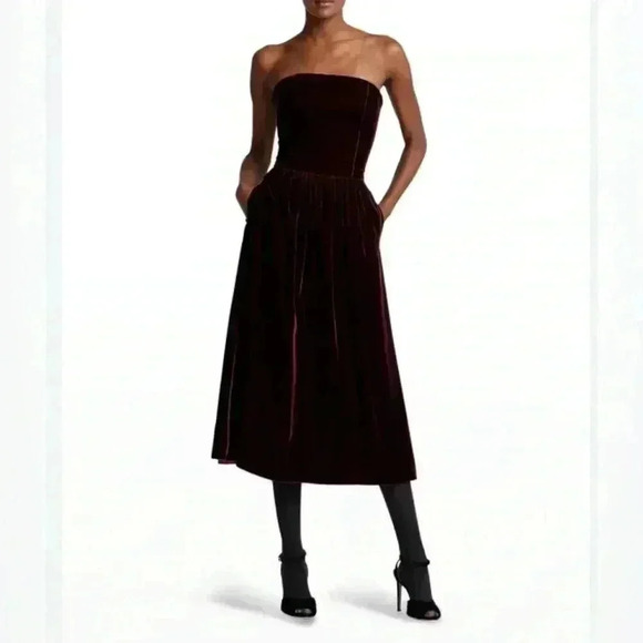 Ralph Lauren Collection Velvet Cocktail Dress 12 Maroon Red Midi Strapless Silk - Picture 4 of 12